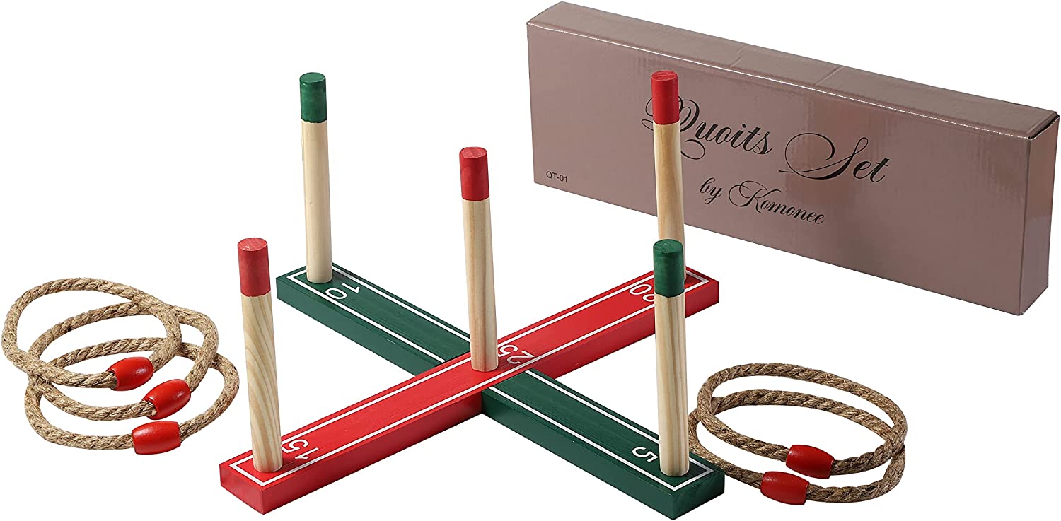 Quoits Wooden Set Ring Toss Game Perfect Toy For Outside Garden Games With Wood Pegs and Rope Hoops Hoopla