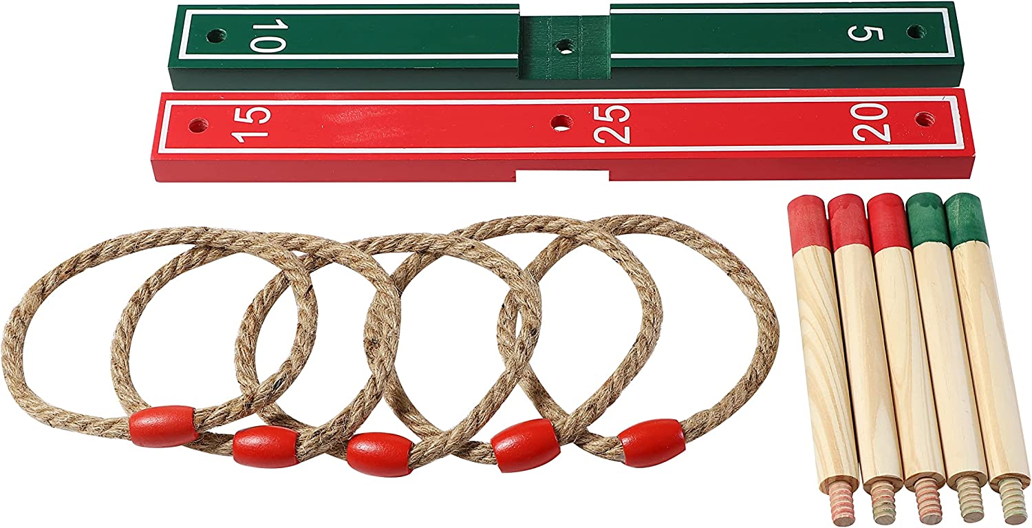 Quoits Wooden Set Ring Toss Game Perfect Toy For Outside Garden Games With Wood Pegs and Rope Hoops Hoopla